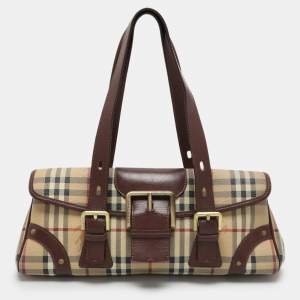 Pre Owned Burberry Brown/Beige Haymarket Check Coated Canvas and Leather Buckle Flap Satchel