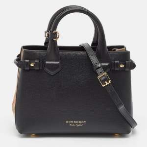 Pre Owned Burberry Black/Beige Leather and House Check Fabric Small Banner Tote