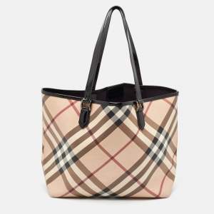 Burberry Black/Beige Supernova Check Vinyl and Patent Leather Large Nickie Tote