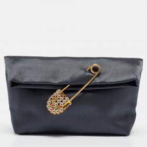 Burberry Dark Grey Satin  Crystal Embellished Pin Clutch