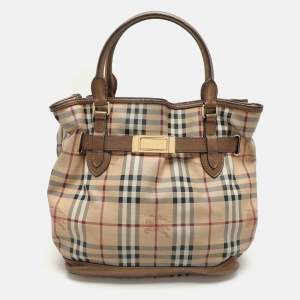 Burberry Beige/Brown Haymarket Check PVC and Leather Medium Golderton Tote