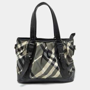 Burberry Grey/Black Beat Check Nylon and Patent Leather Lowry Tote