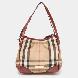 Burberry Beige/Maroon Leather and House Check Fabric Small Canterbury Tote