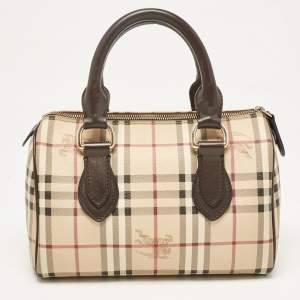 Burberry Beige/Brown Haymarket Check PVC and Leather Chester Boston Bag