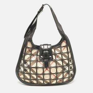 Burberry Black/Beige Nova Check Canvas and Leather Studded Brooke Warrior Hobo