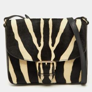 Burberry Black/Cream Zebra Print Calf Hair Buckle Crossbody Bag