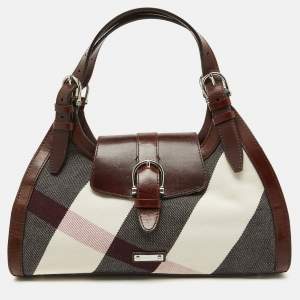 Pre Owned Burberry Brown Mega Check Canvas and Leather Buckle Flap Shoulder Bag