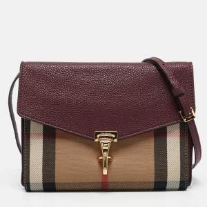 Pre Owned Burberry Burgundy/Beige Check Fabric and Leather Small Macken Crossbody Bag