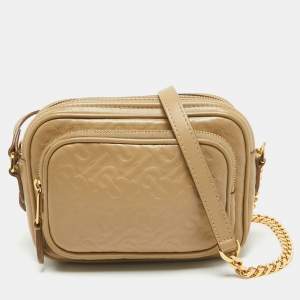 Pre Owned Burberry Beige Monogram Embossed Leather Camera Crossbody Bag