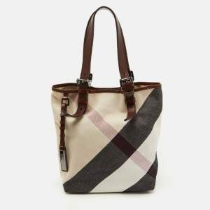 Pre Owned Burberry Beige/Brown Mega Check Canvas and Leather Tote