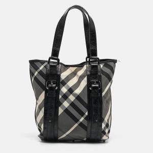 Burberry Grey/Black Beat Check Nylon and Patent Leather Lowry Tote