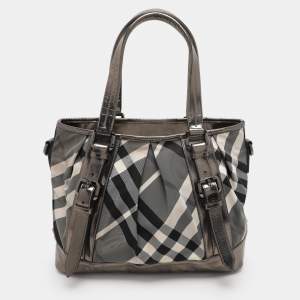 Burberry Grey/Black Beat Check Nylon and Patent Leather Lowry Tote