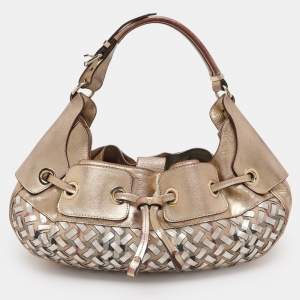 Pre Owned Burberry Gold/Beige Haymarket Check Coated Canvas and Leather Warrior Hobo