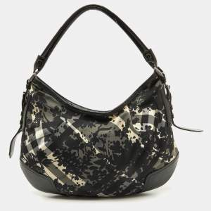 Burberry Black Patent Leather and Floral Beat Check Nylon Foley Hobo
