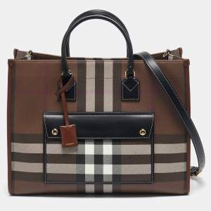 Burberry Dark Birch Brown Check Coated Canvas and Leather Medium Freya Tote