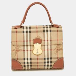Burberry Beige/Brown Haymarket Coated Canvas and Leather Pushlock Top Handle Bag