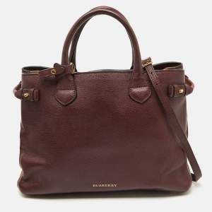 Burberry Burgundy/Beige Leather and House Check Canvas Medium Banner Tote