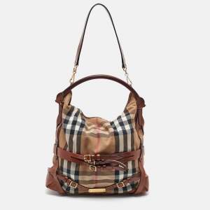 Burberry Brown/Beige Leather and House Check Canvas Medium Bridle Gosford Hobo