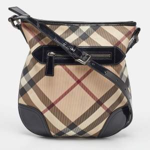 Burberry Beige/Black Supernova Check Coated Canvas and Patent Leather Dryden Shoulder Bag