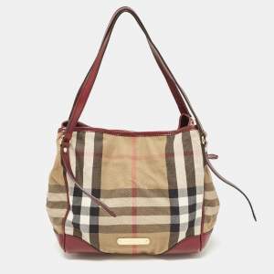 Burberry Burgundy/Beige House Check Fabric Small Canterbury Tote