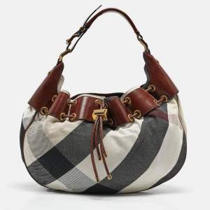 Burberry Brown Super Novacheck Fabric Warrior Drawstring Hobo