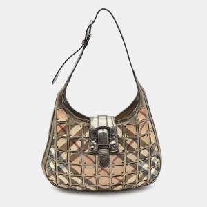 Burberry Metallic/Beige Nova Check Coated Canvas and Leather Brooke Warrior Hobo