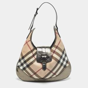 Burberry Metallic/Beige Nova Check PVC and Patent Leather Brooke Hobo