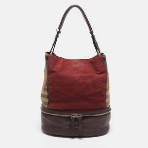 Burberry Burgundy/Beige House Check Canvas and Leather Beckett Bucket Bag