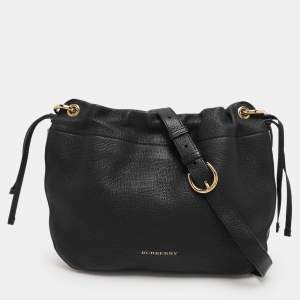 Burberry Black/Beige Leather and House Check Canvas Bingley Drawstring Bucket Bag