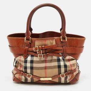 Burberry Brown/Beige House Check Canvas and Leather Medium Bridle Lynher Tote