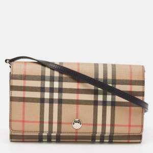 Burberry Malt Brown Vintage Check PVC Hannah Wallet On Strap