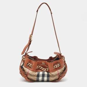 Burberry Brown/Beige Leather and Quilted House Check Canvas Margaret Shoulder Bag