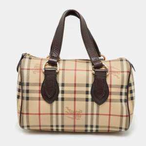 Burberry Beige/Brown Haymarket Check PVC and Leather Chester Boston Bag