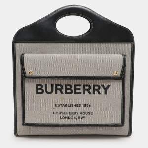 Burberry Off-White/Black Canvas and Leather Large Pocket Tote