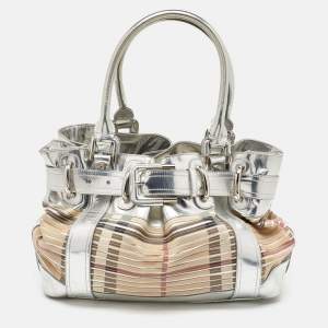 Burberry Silver/Beige Sliced Coated Canvas and Leather Large Beaton Tote