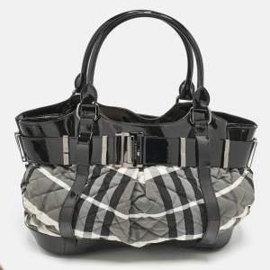Burberry Black/Grey Check Quilted Nylon and Patent Leather Healy Tote