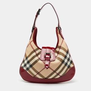 Burberry Beige/Burgundy Nova Check PVC and Patent Leather Brooke Hobo