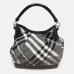 Burberry Grey/Black  Beat Check Nylon and Patent Leather Studded Hobo