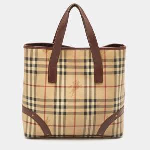 Burberry Brown/Beige Haymarket Check Coated Canvas and Leather Studded Tote