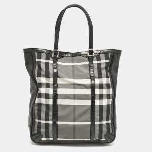 Burberry Black/Charcoal Check Nylon Medium Marlow Tote
