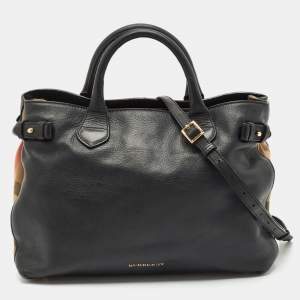 Burberry Black Leather and House Check Fabric Medium Banner Tote