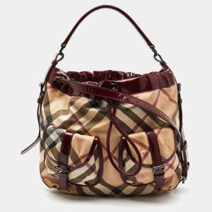 Burberry Beige/Burgundy Nova Check PVC and Patent Leather Drawstring Hobo