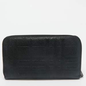 Burberry Black Embossed Check Leather Zip Continental Wallet