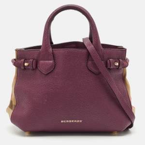 Burberry Burgundy/Beige House Check Fabric and Leather Small Banner Tote