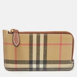 Burberry Brown/Beige House Check Coated Canvas and Leather Zip Card Case