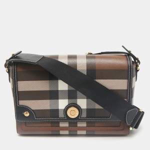 Burberry Dark Birch Brown Giant E-Check Canvas and Leather Note Crossbody Bag