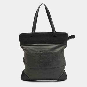 Burberry Black/Grey Logo Embroidered Fabric and Leather Flat Tote