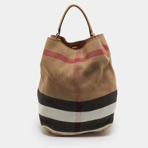 Burberry Brown/Beige House Check Canvas Leather Susanna Bucket Bag