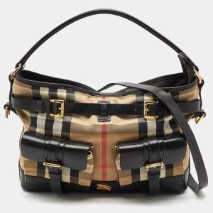 Burberry Brown/Beige House Check Canvas and Leather Double Pocket Shoulder Bag