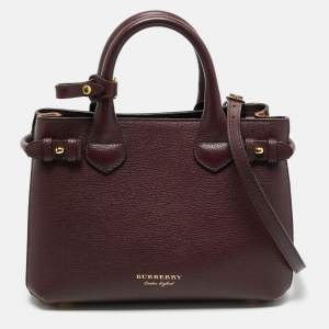 Burberry Burgundy/Beige Leather and House Check Fabric Small Banner Tote